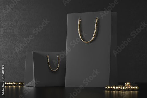 Premium black shopping bags mock-up, package for purchases on a black background. Black paper shopping bag with golden handles mock up. Luxury paper bags, 3d rendering.