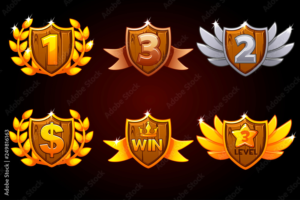 Fototapeta premium Shield set, vector Awards or icons. Objects on a separate layer. For game, user interface, banner, application, interface, slots, game development.