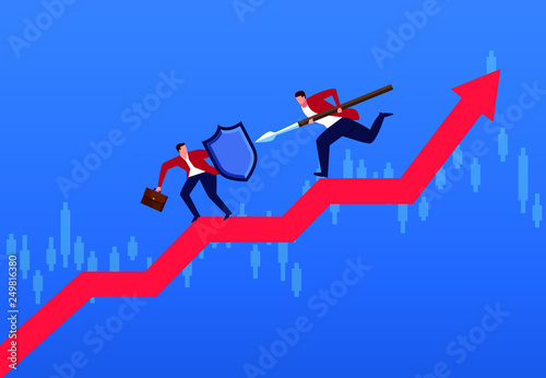 Two businessmen fighting on arrows, financial trade war and stock market analysis