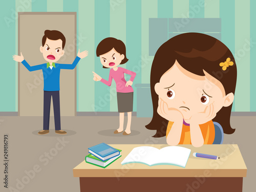 angry family quarreling with sad Daughter have homework