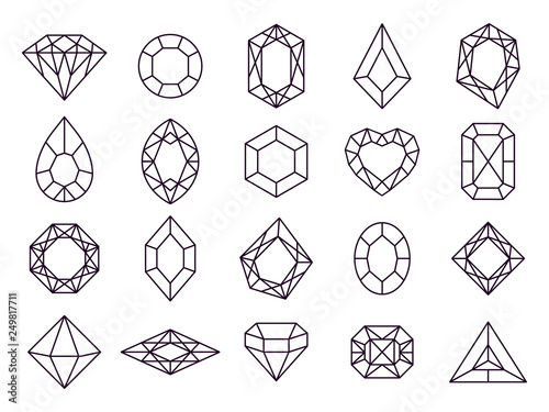 Jewels diamond icons. Diamonds gems, luxury jewel gemstones and precious gem isolated vector line icon set