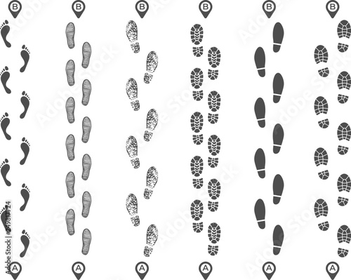 Footsteps track routes. Footprint trail, footstep imprint way route and walking foot steps map pins isolated vector illustration photo