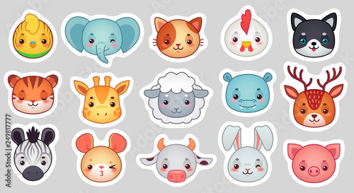 Cute animal stickers. Smiling adorable animals faces, kawaii sheep and funny chicken cartoon vector illustration set