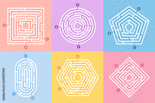 Labyrinth game. Maze conundrum, labyrinth way rebus and many entrance riddle vector concept illustration set photo