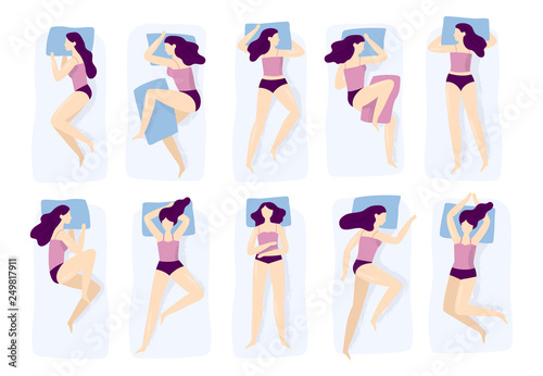 Girl sleeping poses. Various sleep pose with hand on pillow case. Sleep position isolated vector illustration