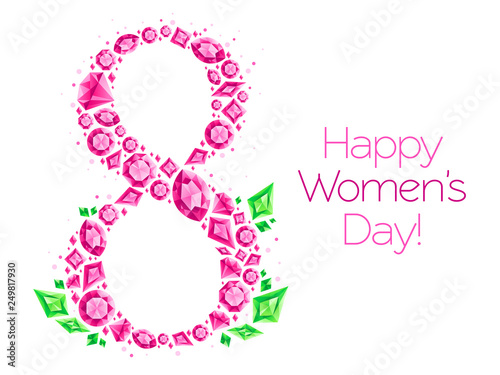 Womens day jewel greeting card. 8 March shining diamonds, jewelry gems and jewels diamond gemstones vector illustration