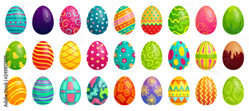 Easter eggs. Spring colorful chocolate egg, cute colored patterns and happy easter decoration cartoon vector set photo