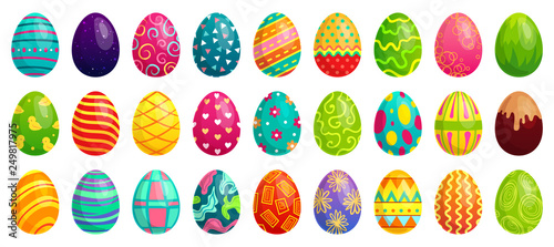 Easter eggs. Spring colorful chocolate egg, cute colored patterns and happy easter decoration cartoon vector set