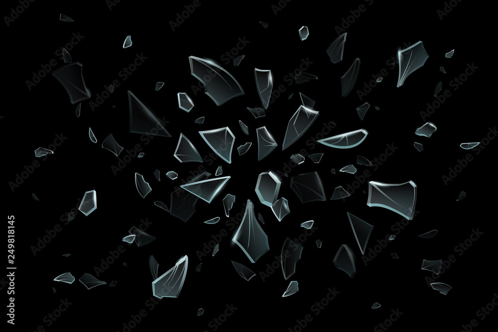 Scattered glass shatters. Pieces of glassy shards, broken window shard