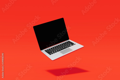 3D Rendering : Illustration of laptop notebook mock up with color background. float or levitate laptop. technology gadget for hipster background concept. high resolution