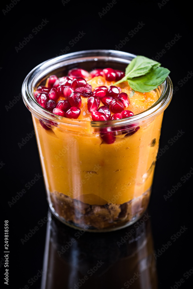 Carrot pudding brunch on dark background