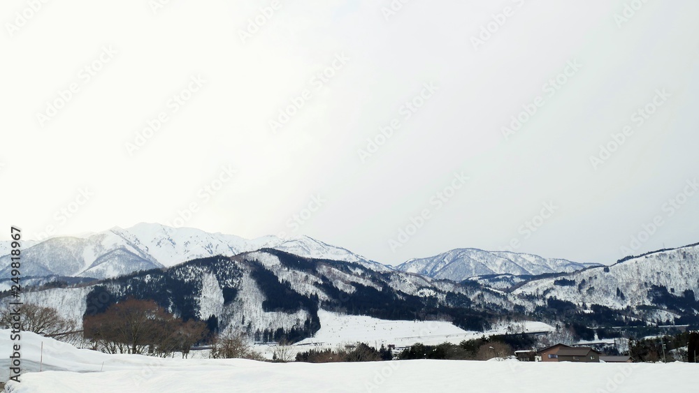 winter in the mountains at The Villages of Shirakawa-go. Japan's UNESCO World Heritage Sites.