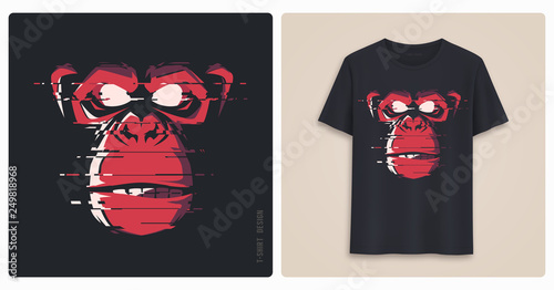 Graphic tee shirt design, print with glitch styled angry chimp. 