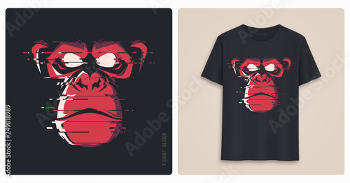 Graphic tee shirt design, print with glitch styled angry chimp. 