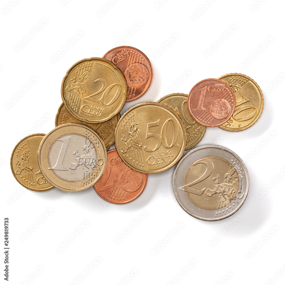 Euro coins isolated on white background closeup. Money concept. Top view, flat lay. Euro coins isolated on white background closeup. Money concept. Top view, flat lay.