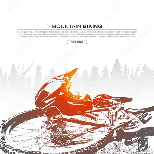 Abstract silhouette of mountain bike and helmet. Mountain biking cover design. 