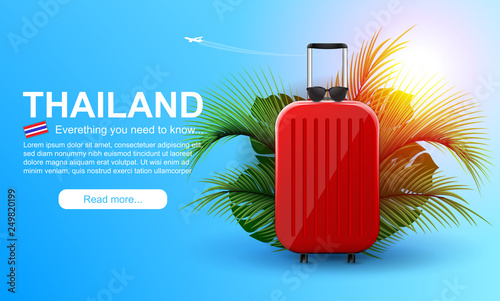 Thailand holiday web banner. Vacation vector banner template.Travel concept. Travel suitcase in tropical bushes.