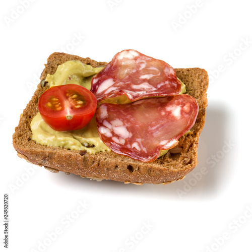 Canape with salami. Open faced sandwich crostini isolated on white background closeup. Appetizer tartarine.
