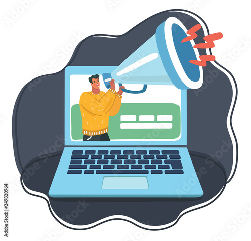 Tiny Man with megaphone on Computer Monitor Screen.