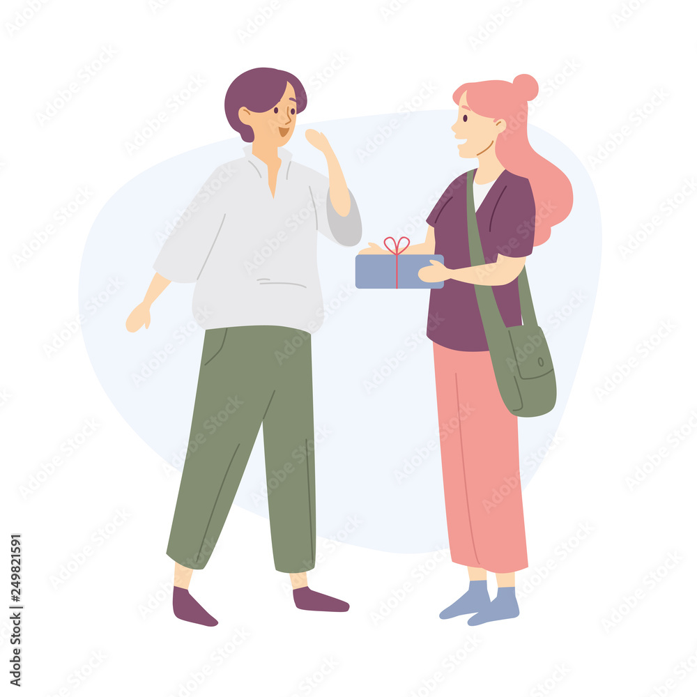 Young woman giving a friend present box, girl receiving a gift. Young woman giving a friend present box, girl receiving a gift.