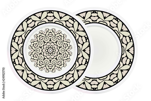 Matching decorative plates for interior designwith floral art deco pattern. Empty dish, porcelain plate mock up design. Vector illustration. White, grey color photo