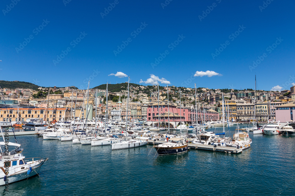 Various yachts, boats and ships in the port of Genoa, Italy