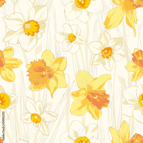 Narcissus spring flowers seamless pattern. Vector illustration. © cosmicanna