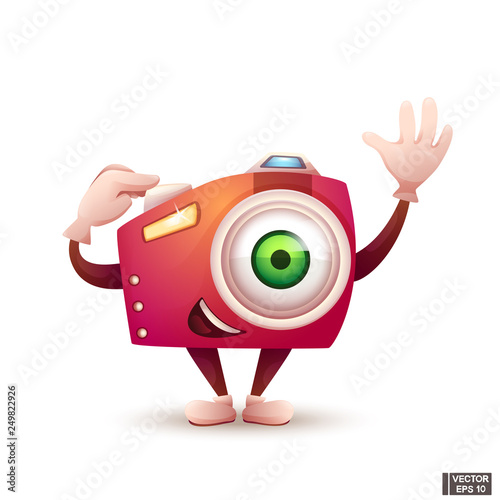 Cute cartoon character photo camera in red.