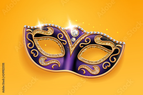 Shining diamonds on carnival mask. Colombina face cover for masquerade or costume party. Man and woman ball masque for theater or opera, mardi gras festival or brazil parade. Fashion and holiday theme