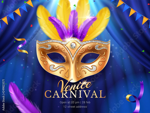 Carnival or masquerade colombina golden mask at mardi gras parade banner. Fat tuesday poster with feather and flags, crepe paper streamer and confetti. Venice party or venetian festival flyer. Holiday