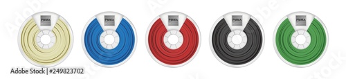 Vector set of five pmma filaments for 3D printing wounded on the spool. Plastic glass material Polymethyl methacrylate in several color variants – natural white, blue, red, black and green isolated. photo