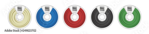 Vector set of five pmma filaments for 3D printing wounded on the spool. Plastic glass material Polymethyl methacrylate in several color variants – natural white, blue, red, black and green isolated.
