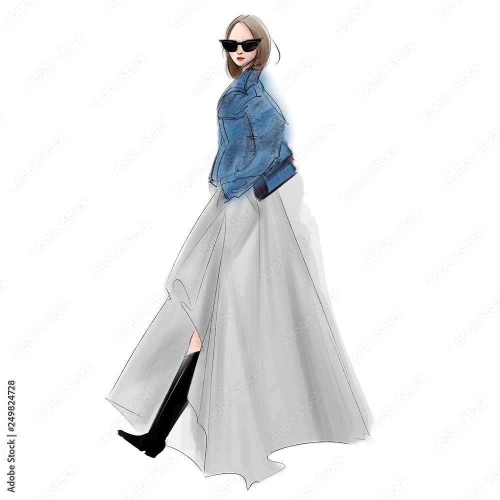 illustration of a girl wearing denim jacket on top of a ballgown illustration of a girl wearing denim jacket on top of a ballgown