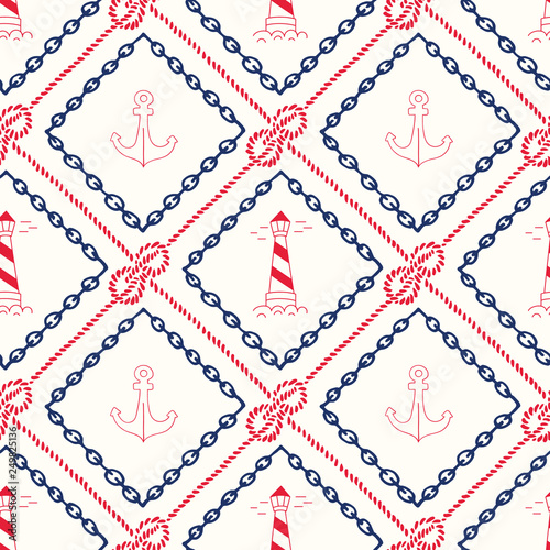 Hand-Drawn Chain and Rope Frames with Anchors, Lighthouses and Seppelin Bend Nautical Knots Vector Seamless Pattern.
