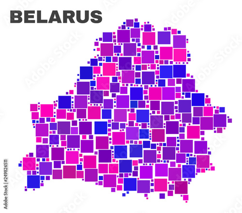 Mosaic Belarus map isolated on a white background. Vector geographic abstraction in pink and violet colors. Mosaic of Belarus map combined of random square elements.