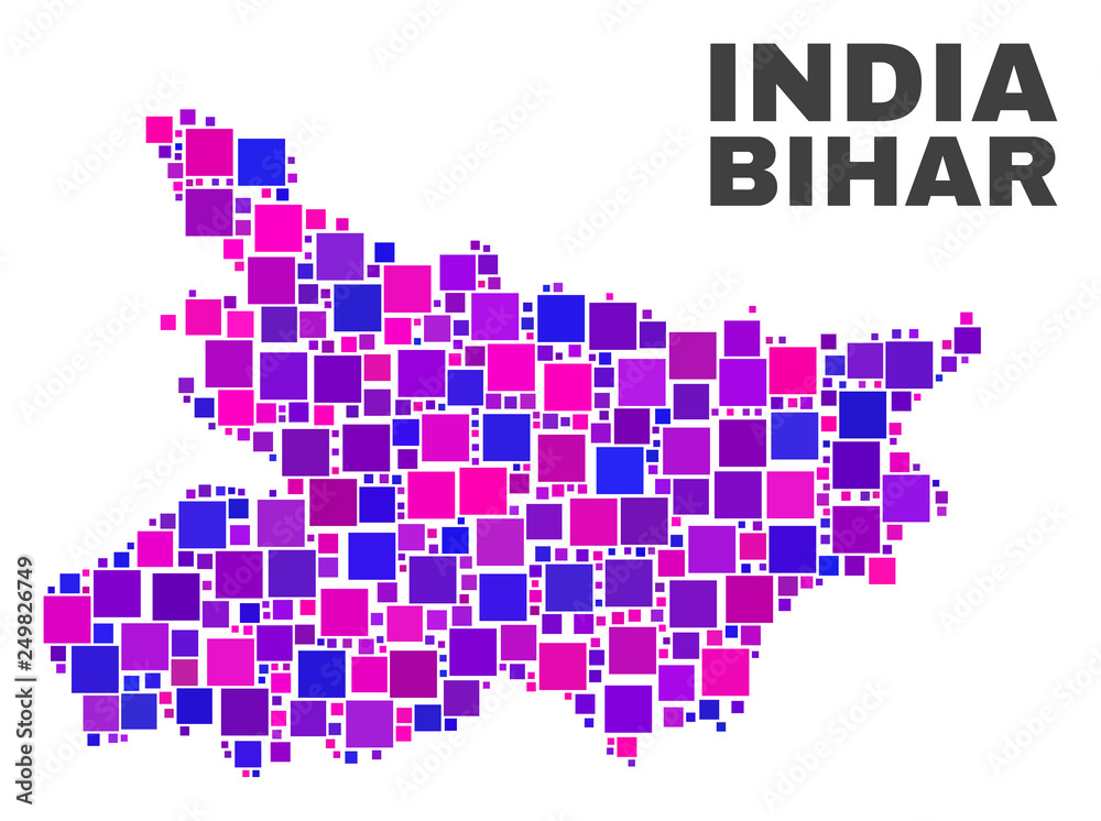 Mosaic Bihar State map isolated on a white background. Vector geographic abstraction in pink and violet colors. Mosaic of Bihar State map combined of random square elements.
