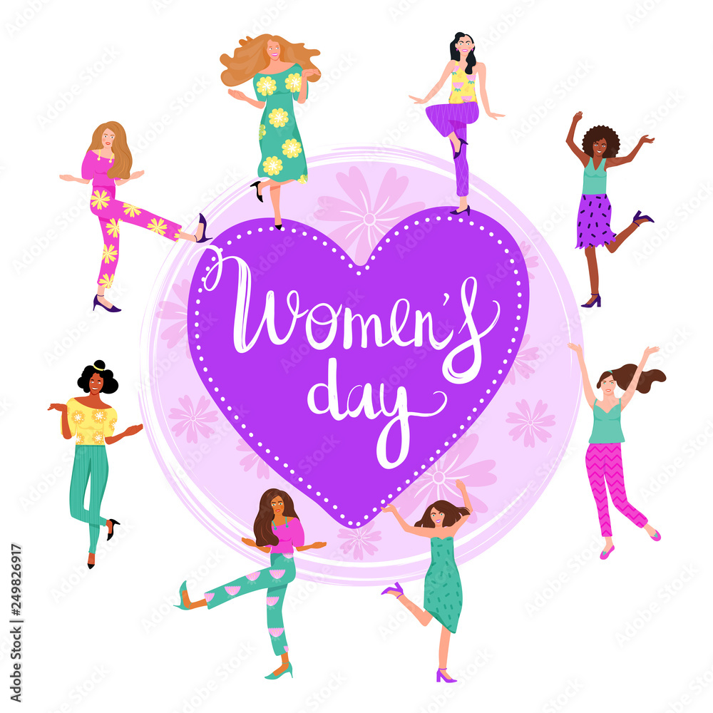 International Women's Day greeting card. Composition with dancing girls and flowers. Vector illustration on white background. International Women's Day greeting card. Composition with dancing girls and flowers. Vector illustration on white background.