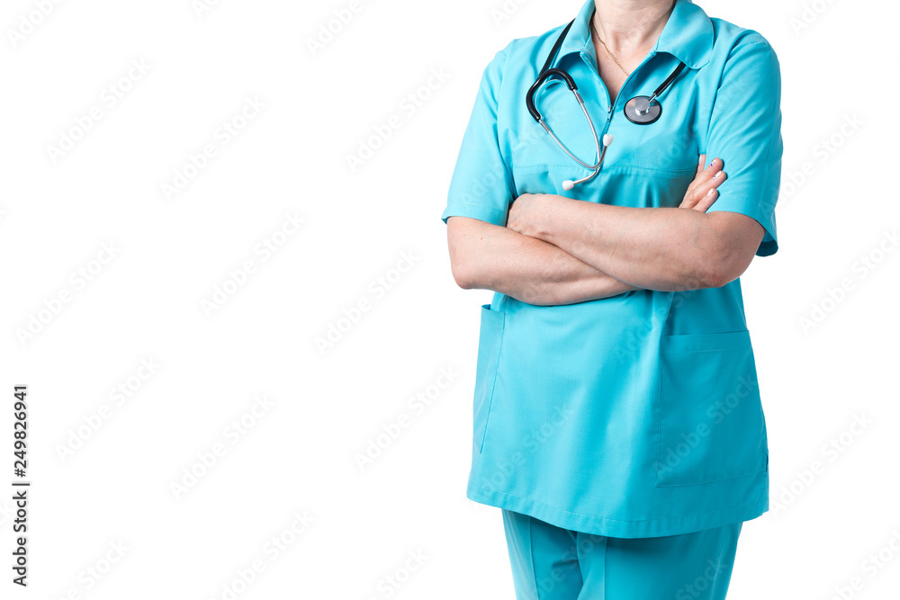 Medicine and healthcare concept. Doctor with stethoscope in clinic, close-up Medicine and healthcare concept. Doctor with stethoscope in clinic, close-up