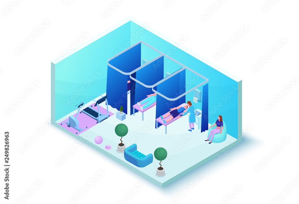Obraz premium Medical physiotherapy rehabilitation and relaxation room, clinic isometric interior with rehab bed, massage, electric therapy, cardio exercise, treadmill, 3d isometric vector illustration