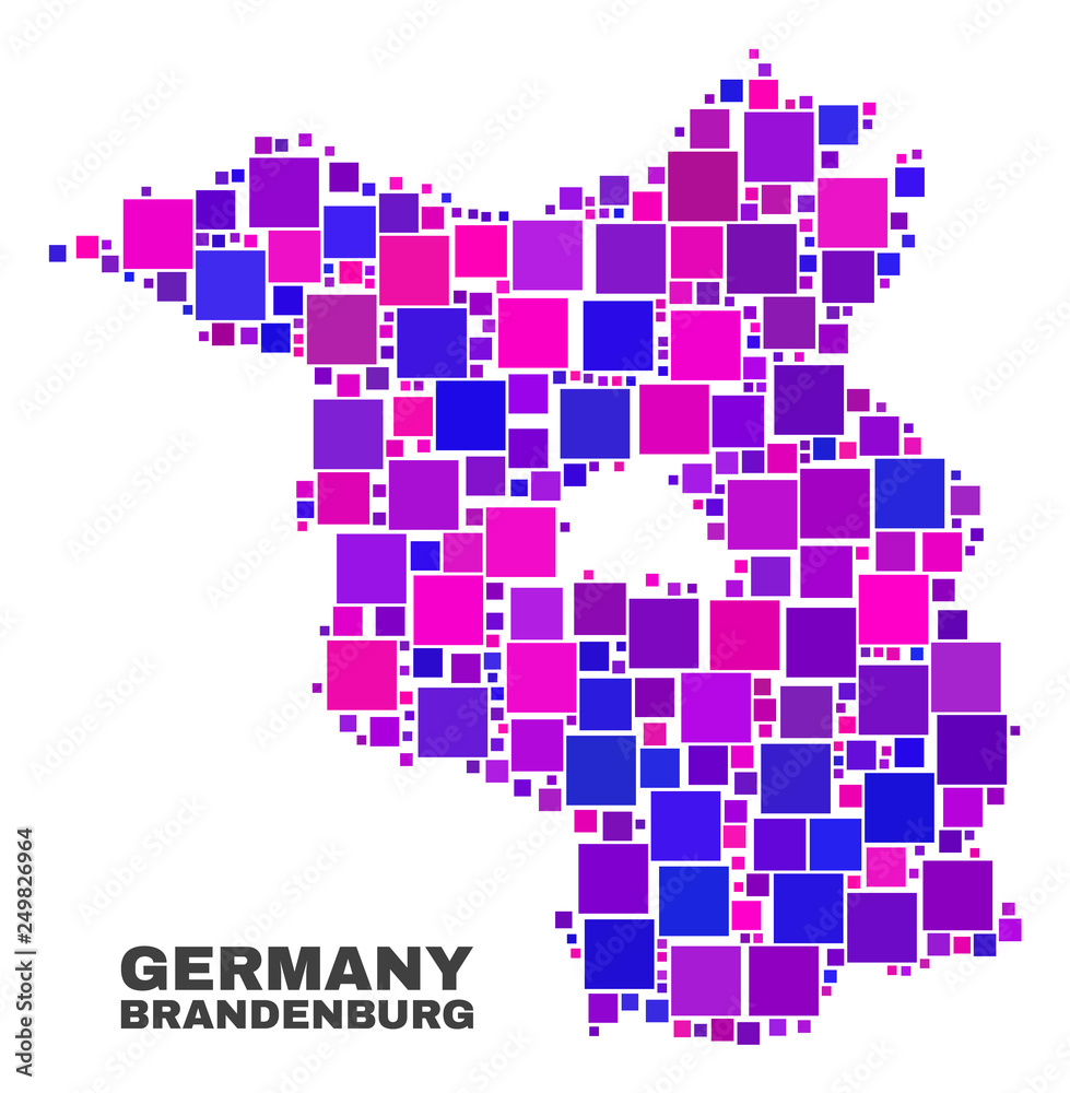 Fototapeta premium Mosaic Brandenburg Land map isolated on a white background. Vector geographic abstraction in pink and violet colors. Mosaic of Brandenburg Land map combined of random square elements.