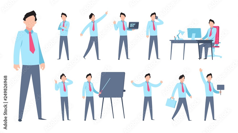 Cartoon businessman character. Flat office person professional business worker corporate employee. Vector cartoon manager poses