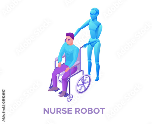 Robot nurse helping disabled man in wheelchair, smart robotic technology,