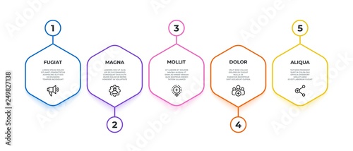 Workflow infographic. 5 options work flow banner, business presentation graphic, hexagon milestone timeline. Vector 5 steps graph
