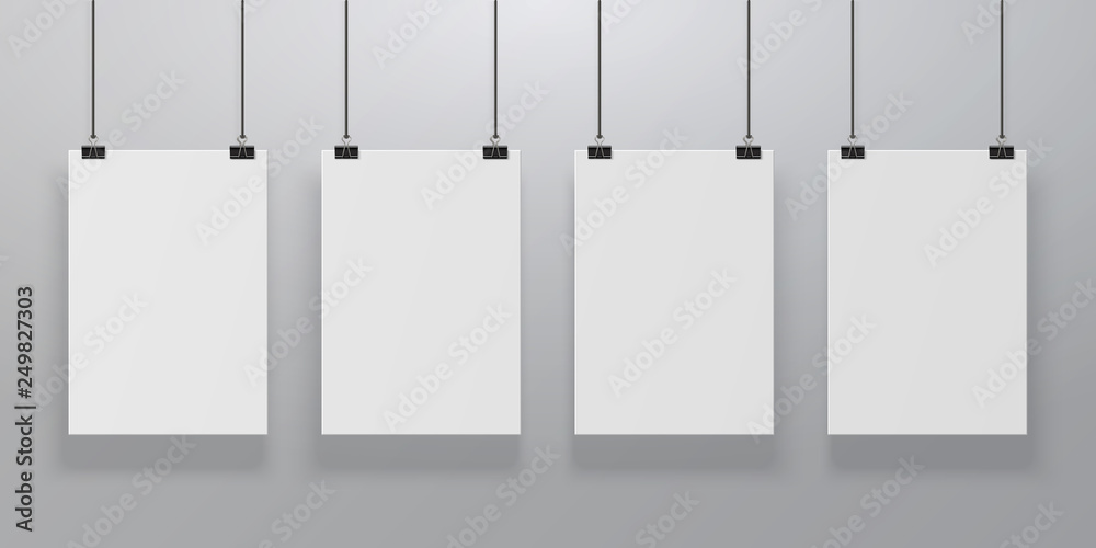 Realistic poster mockup. Blank paper hanging on binders at the wall, empty A4 paper poster clipped on ropes. Vector advertising frames Realistic poster mockup. Blank paper hanging on binders at the wall, empty A4 paper poster clipped on ropes. Vector advertising frames