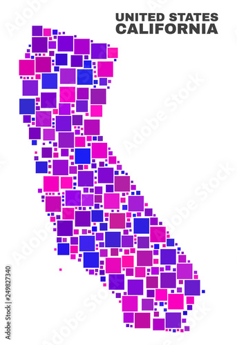 Mosaic California State map isolated on a white background. Vector geographic abstraction in pink and violet colors. Mosaic of California State map combined of scattered square elements.