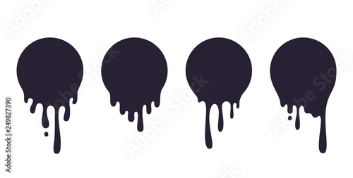 Dripping circle paint. Ink drop splash, melted liquid splatter, oil sauce stain, chocolate caramel border. Vector paint drip set