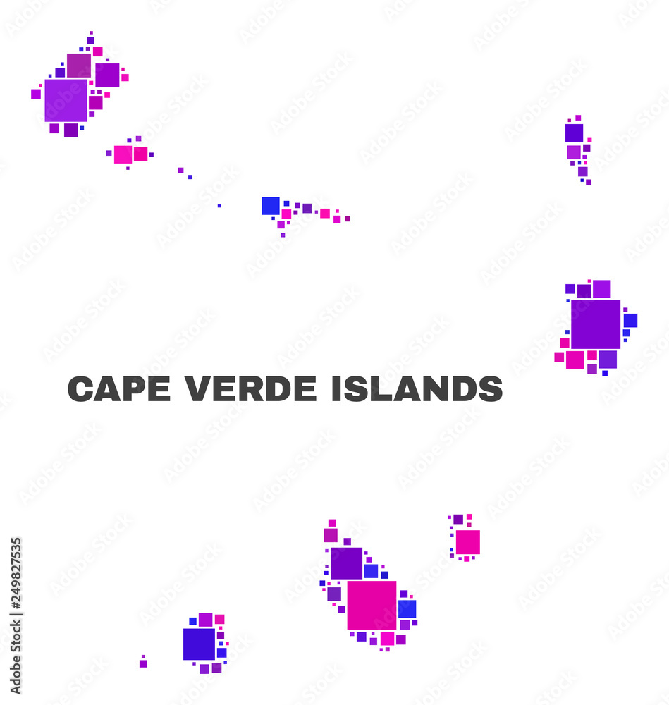 Mosaic Cape Verde Islands map isolated on a white background. Vector geographic abstraction in pink and violet colors. Mosaic of Cape Verde Islands map combined of random small squares. Mosaic Cape Verde Islands map isolated on a white background. Vector geographic abstraction in pink and violet colors. Mosaic of Cape Verde Islands map combined of random small squares.