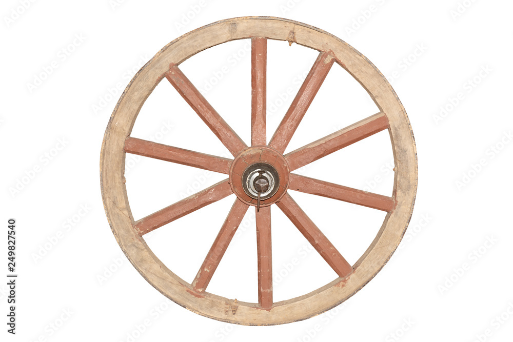 The old wooden wheel from the carriage is isolated on a white background