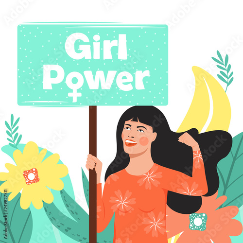 Feminism, girl power, International Women's Day concept with flowers and leaves. Strong girl with nameplates "Girl power". Women empowerment. Vector illustration.