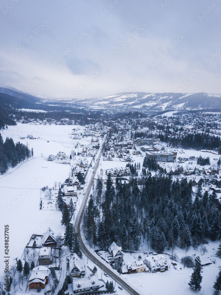 Aerial: Zakopane resort town in winter